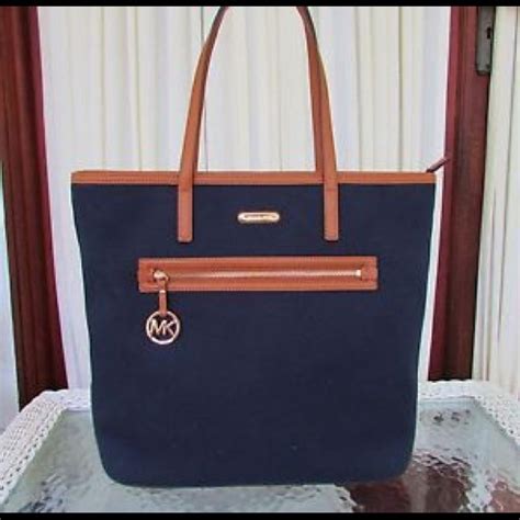 michael kors navy blue with tan trim|MICHAEL KORS KEMPTON TOTE NAVY BLUE CANVASS.